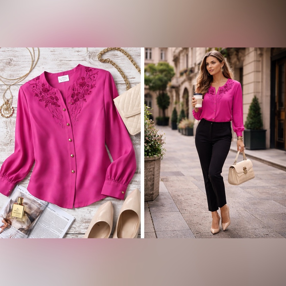 Liz Baker Pink Embroidered Blouse Size 12 Button Front Top